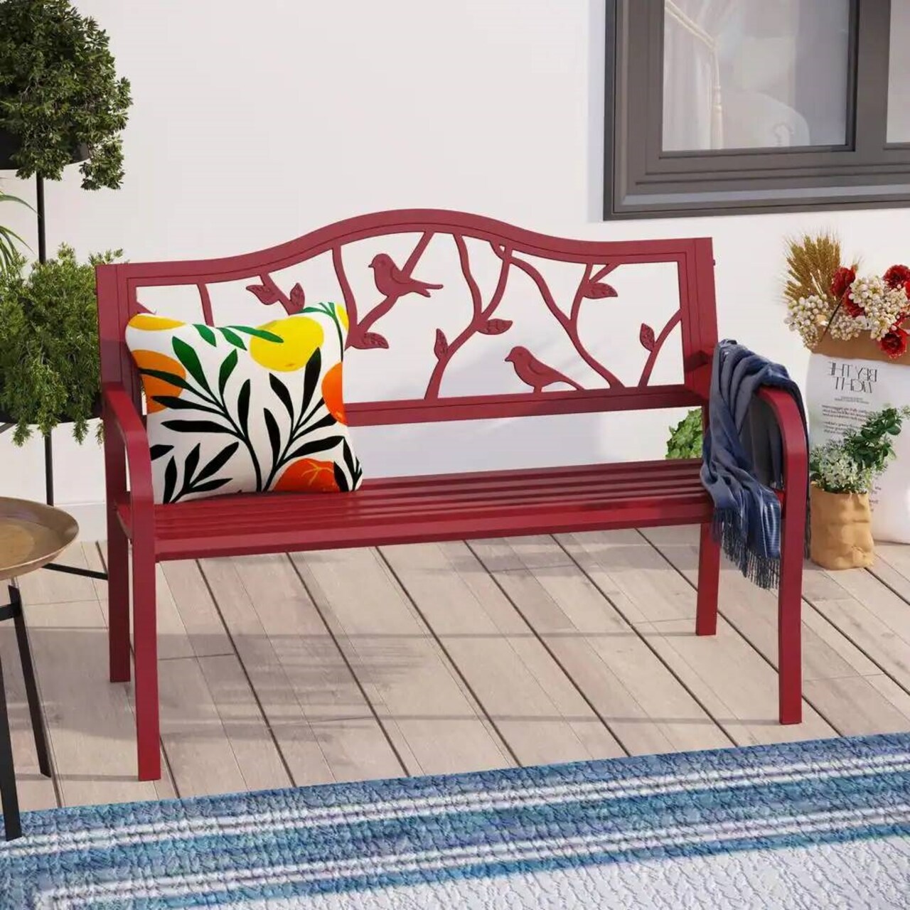 Red Metal Outdoor Garden Bench with Bird Backrest for Patio Decor